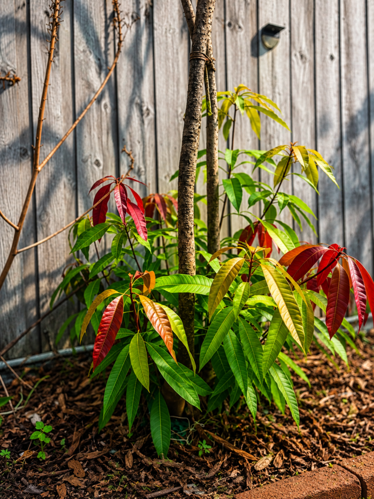 Young mango tree with healthy new red and green leaf growth in a Florida backyard garden