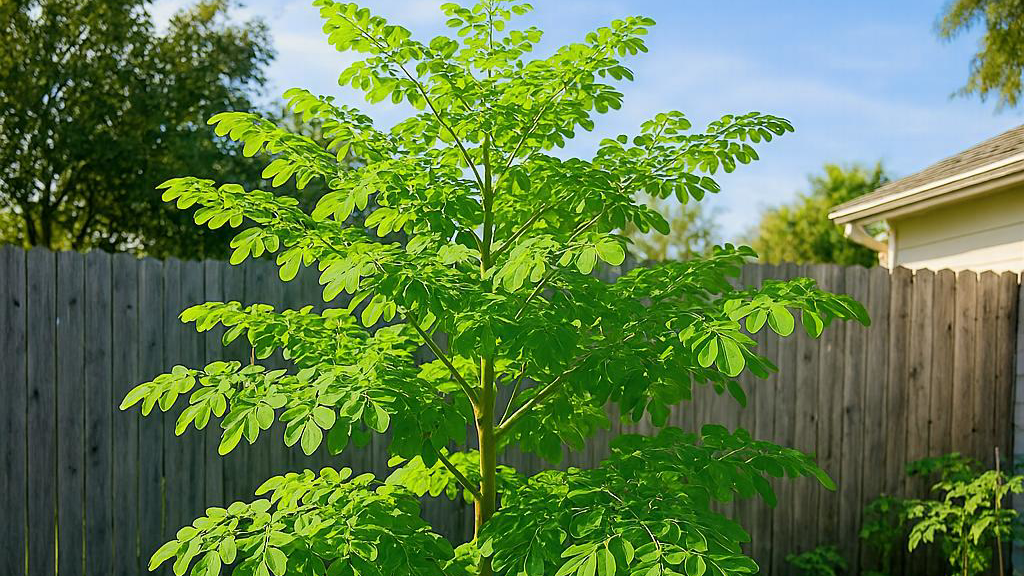 Healthy moringa tree growing in a small Florida urban garden