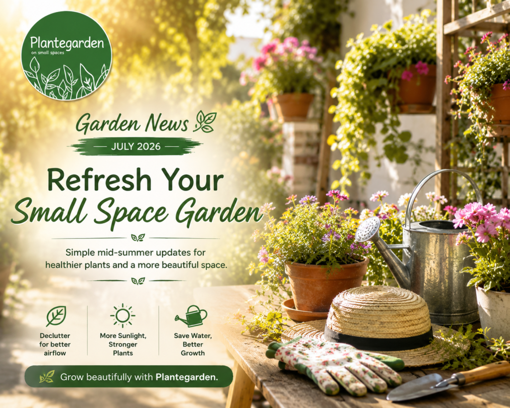 Sunny small-space garden with container plants, flowers, and gardening tools promoting Plantegarden Garden News for July 2026.