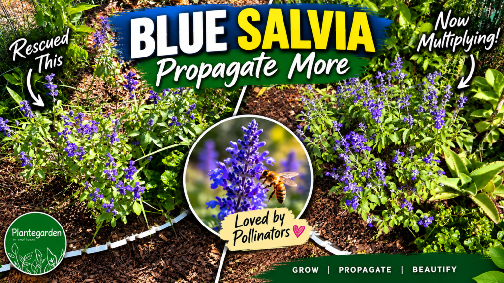 Blue Salvia blooming in a garden bed with purple flowers and pollinators