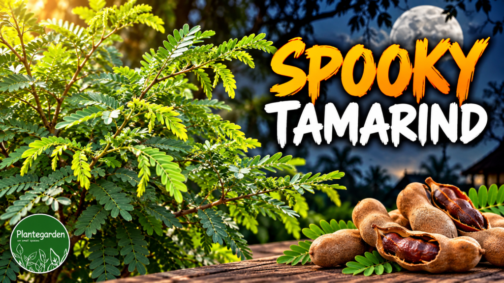 Spooky tamarind tree with green leaves and tamarind pods