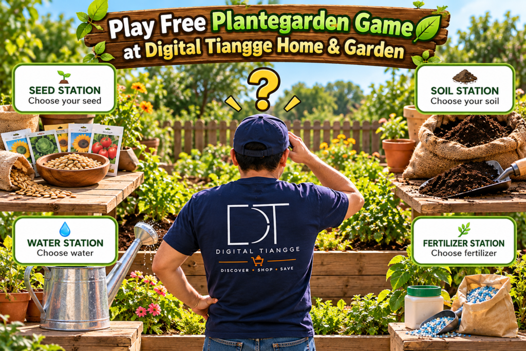 Digital Tiangge Grow Your Plant game featuring seed, soil, water, and fertilizer selection stations.